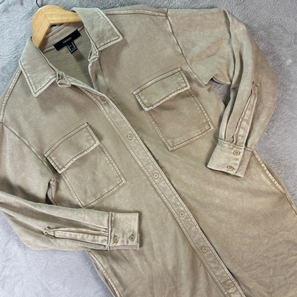 Forever 21 Women's Utility Shirt‎ Dress Khaki Longline Pockets Casual Sz XS